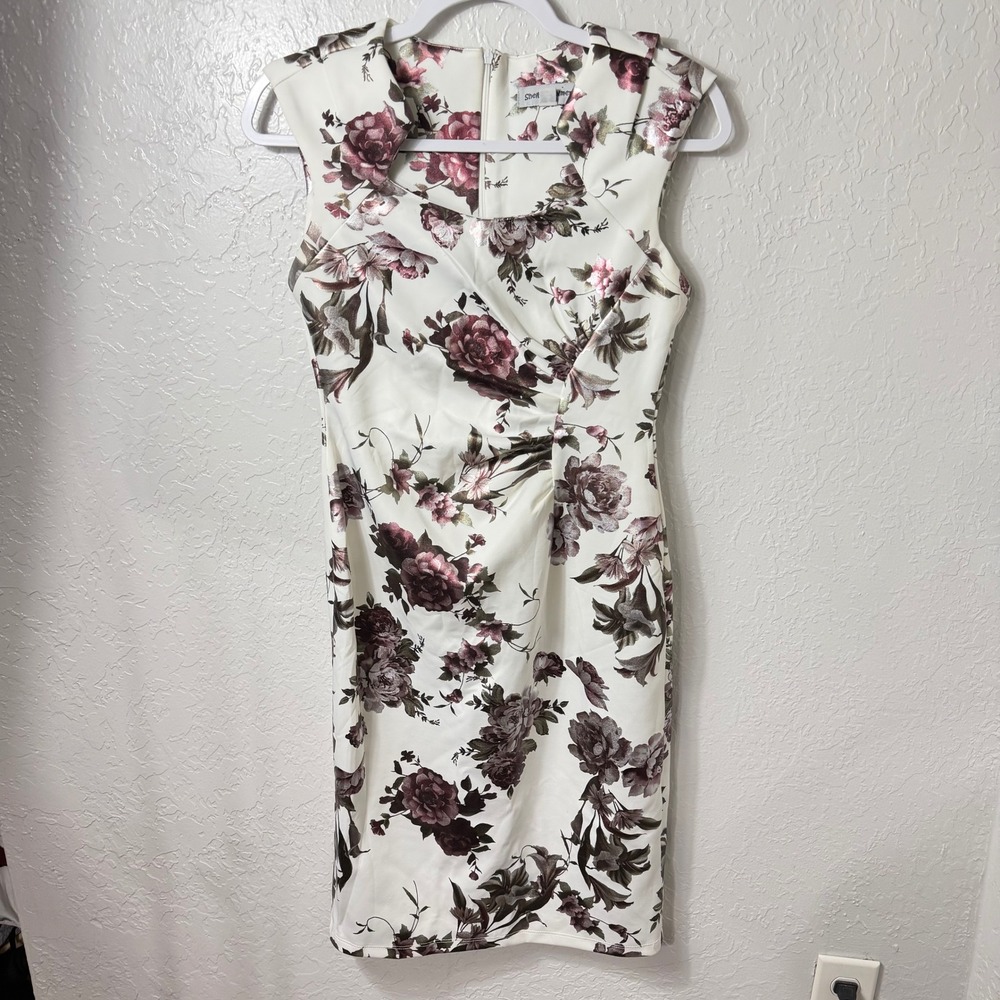 Shelby & Palmer Womens Floral Sheath Dress Ivory Burgundy Metallic Size 6